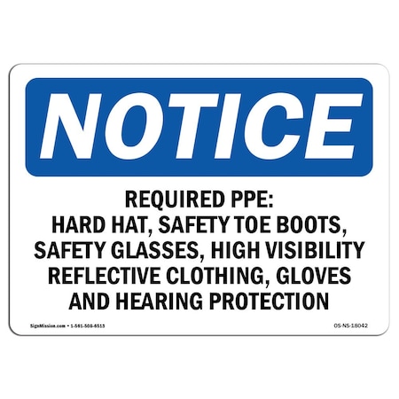 Signmission OSHA Sign, Required PPE Hard Hat Safety Toe Boots, 18in X 12in Aluminum, 18" W, 12" H, Landscape OS-NS-A-1218-L-18042